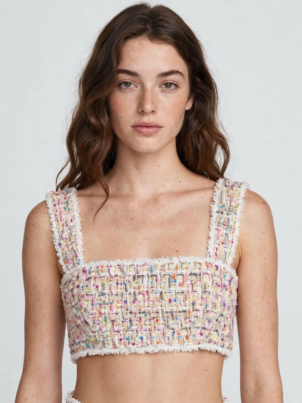 Frayed Tweed Crop Top in Cream Multicolor
